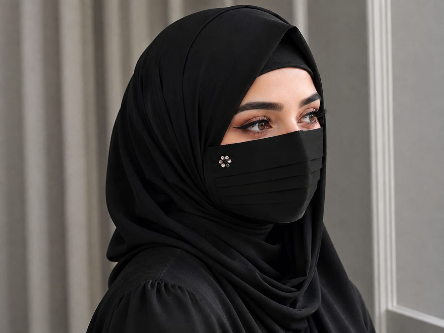 Elegant Chiffon Pleated Niqab Mask with Crystal Flower Brooch