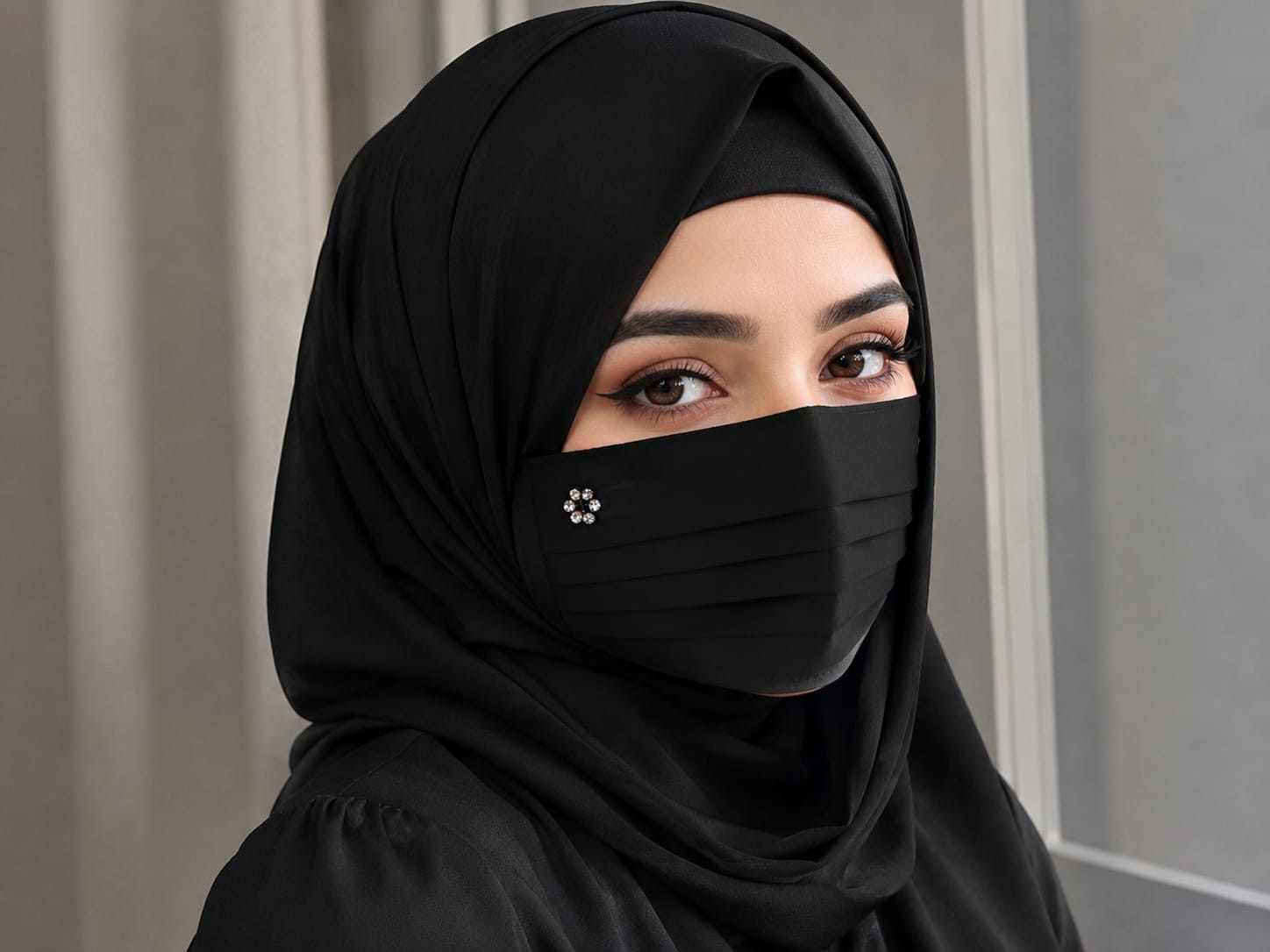 Elegant Chiffon Pleated Niqab Mask with Crystal Flower Brooch