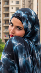 Dark Blue Galaxy Print Pinterest Inspired Chiffon Georgette Hijab| Premium Soft Lightweight & Breathable Chiffon Georgette Fabric Galaxy Marble Abstract Printed Long Hijab Scarf| Trendy Aesthetic Muslim Headscarf for Daily Wear & Party | 185 cm × 75 cm