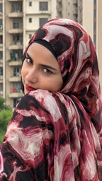 Rose Marble Print Pinterest Inspired Chiffon Georgette Hijab for Women | Premium Soft Lightweight & Breathable Chiffon Georgette Fabric | Rose Pink Black & White Abstract Marble Printed Long Hijab Trendy Aesthetic Muslim Headscarf 185 cm × 75 cm