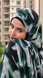 Green Marble Print Pinterest Inspired Chiffon Georgette Hijab for Women Premium Soft Lightweight & Breathable Chiffon Georgette Fabric | Emerald Green Black & White Abstract Marble Printed Long Hijab Scarf Trendy Aesthetic Muslim Headscarf 185 cm × 75 cm