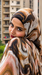 Mocha Marble Pinterest Print Chiffon Hijab for Women Abstract Coffee Swirl Printed Georgette Scarf Lightweight Soft Hijab 185 cm × 75 cm