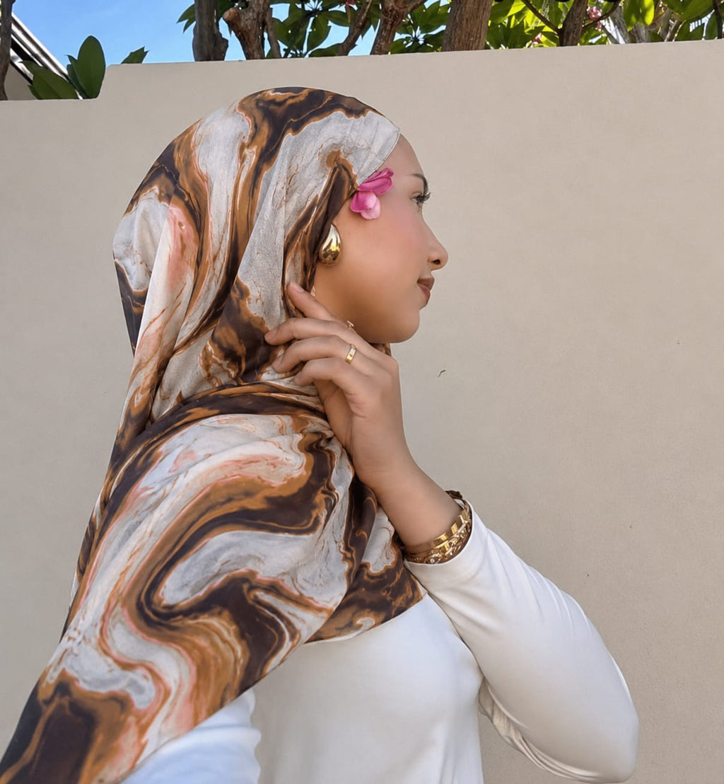 Mocha Marble Pinterest Print Chiffon Hijab for Women Abstract Coffee Swirl Printed Georgette Scarf Lightweight Soft Hijab 185 cm × 75 cm