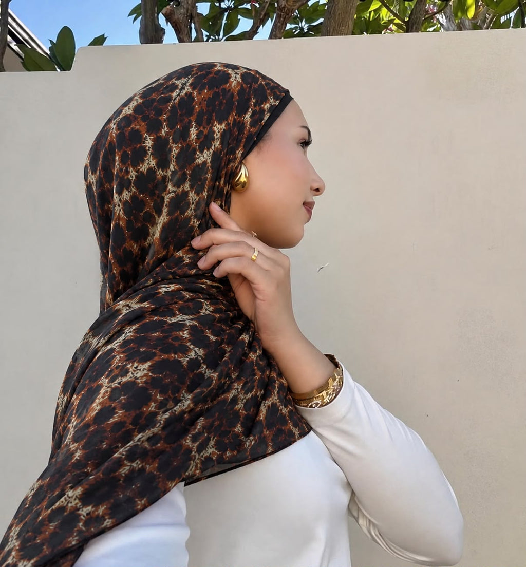 Cat Print Pinterest Inspired Chiffon Georgette Hijab for Women | Premium Soft Lightweight & Breathable Chiffon Georgette Fabric | Brown Black Animal Cat Pattern Printed Long Hijab Scarf 185 cm × 75 cm