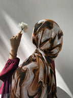 Mocha Marble Pinterest Print Chiffon Hijab for Women Abstract Coffee Swirl Printed Georgette Scarf Lightweight Soft Hijab 185 cm × 75 cm