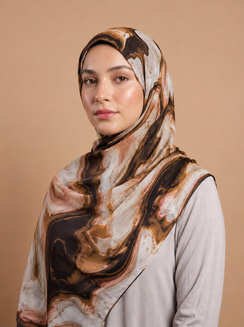 Orange Marble Print Pinterest Inspired Chiffon Georgette Hijab for Women | Premium Soft Lightweight & Breathable Chiffon Georgette Fabric | Orange Brown Black & White Abstract Marble Printed Long Hijab Scarf |185 cm × 75 cm