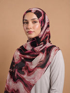 Rose Marble Print Pinterest Inspired Chiffon Georgette Hijab for Women | Premium Soft Lightweight & Breathable Chiffon Georgette Fabric | Rose Pink Black & White Abstract Marble Printed Long Hijab Trendy Aesthetic Muslim Headscarf 185 cm × 75 cm