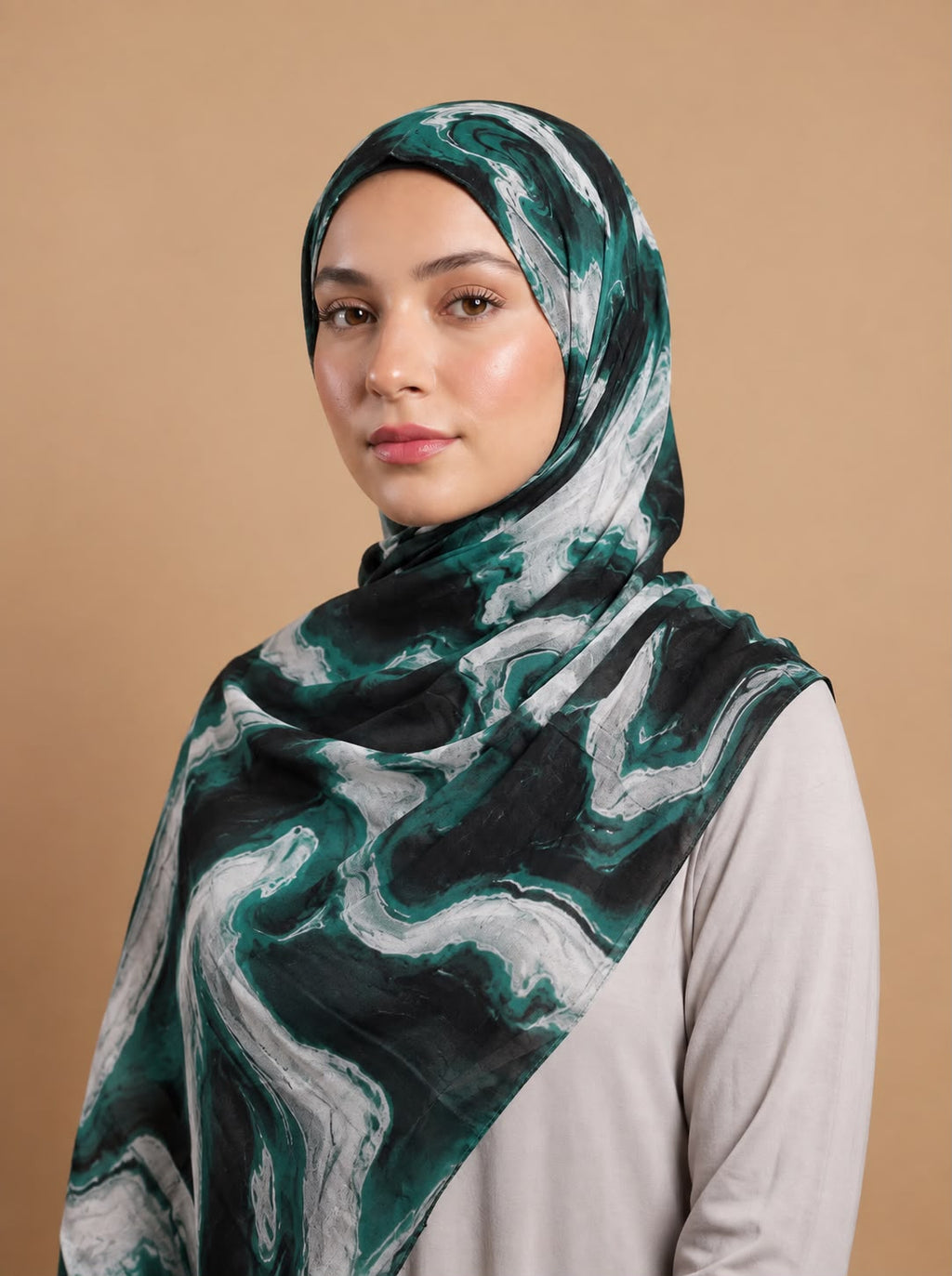 Green Marble Print Pinterest Inspired Chiffon Georgette Hijab for Women Premium Soft Lightweight & Breathable Chiffon Georgette Fabric | Emerald Green Black & White Abstract Marble Printed Long Hijab Scarf Trendy Aesthetic Muslim Headscarf 185 cm × 75 cm
