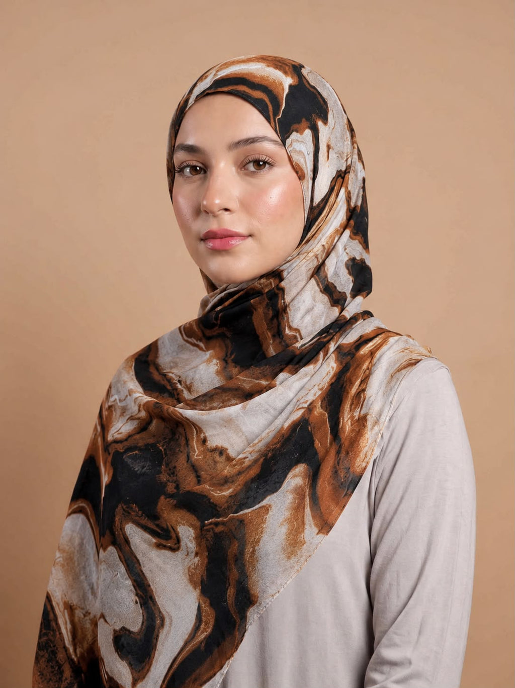 Mocha Marble Pinterest Print Chiffon Hijab for Women Abstract Coffee Swirl Printed Georgette Scarf Lightweight Soft Hijab 185 cm × 75 cm