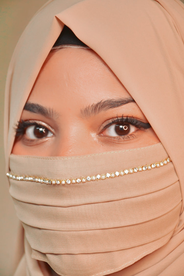 Regal Pleated Face Veil Mask with Stone Border - skin
