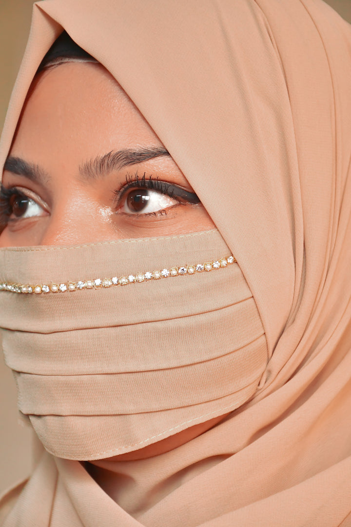 Regal Pleated Face Veil Mask with Stone Border - skin