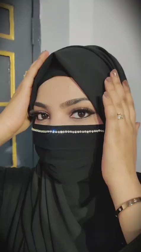Elegant Chiffon Pleated Niqab Mask with Rhinestone Border